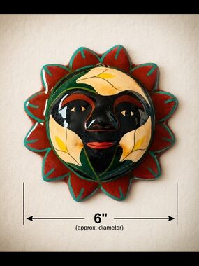 Vintage Mexican Terracotta Sun Face Folk Art Wall Hung 6" Calla Lilies Celestial